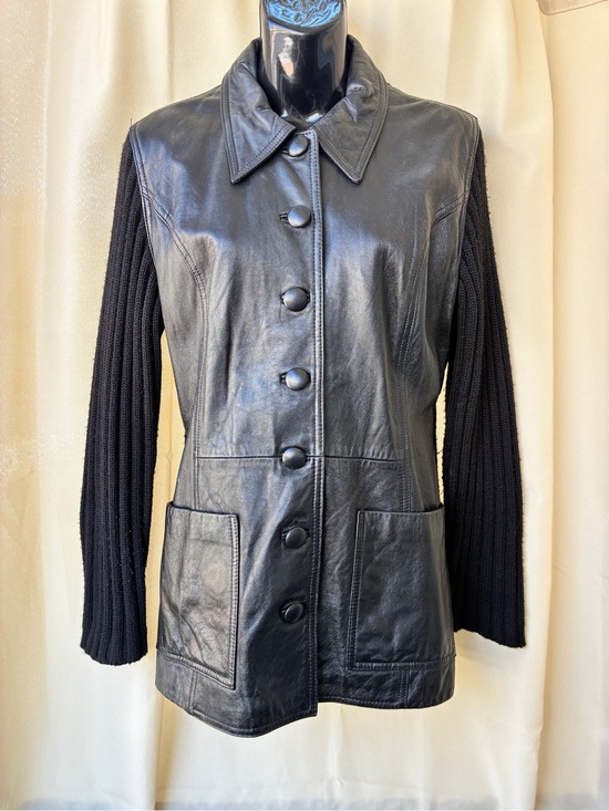Carole Little Sweaters - Vintage Carole Little Black Leather & Wool Sweater Jacket | Size Medium